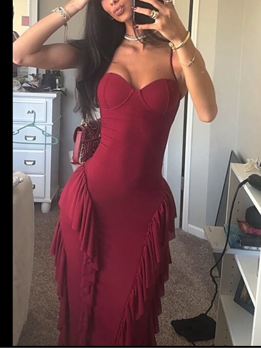 Burgund Ruffle Mermaid Maxi Dress Backless Spaghetti Strap Romantic Evening Gown - Picture 6 of 6